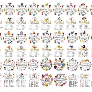 May include: A collection of stickers featuring various Disney characters and the phrase "Drinking Around the World." Each sticker has a list of countries. The stickers are in a circular design with gold accents.