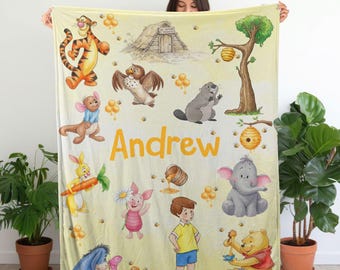Personalized Pooh And Friends Blanket, Custom Name Disney Pooh Blanket, Vintage Winnie The Pooh, Disney Blanket for Kid, Baby Shower Gift