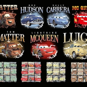 May include: A black background displays illustrations of characters from the film "Cars", such as Mater, Doc Hudson, Sally Carrera, and Lightning McQueen. Text includes character names and lightning bolt graphics.
