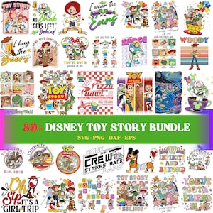 Pode incluir: Uma coleção de mais de 80 designs temáticos da Disney Toy Story em formatos SVG, PNG, DXF e EPS. Os designs apresentam personagens como Woody, Buzz Lightyear e Jessie, com frases como "Ao infinito e além" e "Tens um amigo em mim."