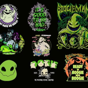 May include: A collection of graphic designs featuring the character Oogie Boogie from The Nightmare Before Christmas. Designs include text like "It's Good to be Bad" and "Ready to Boogie with Boogie," along with various Oogie Boogie illustrations.