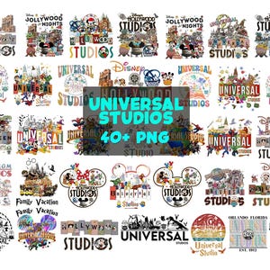 May include: A collection of over 40 PNG images featuring various designs related to Universal Studios and Hollywood Studios. The images include logos, characters, and scenes from the theme parks, with text overlays.