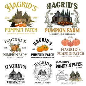 May include: A collection of Hagrid's Pumpkin Patch and Pumpkin Farm logos. The logos feature illustrations of pumpkins, huts, and text. Some logos include the text "Highlands, Scotland."