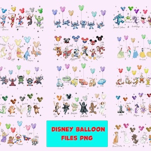 Könnte beinhalten: Eine Sammlung von PNG-Dateien mit verschiedenen Disney-Charakteren mit Mickey Mouse-förmigen Ballons. Zu den Charakteren gehören Superhelden, Stitch, Winnie Puuh und andere. Der Text "DISNEY BALLOON FILES PNG" wird in einem blauen Rechteck angezeigt.