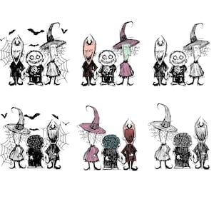 Pode incluir: Ilustrações a preto e branco de personagens de O Estranho Mundo de Jack. Cada ilustração apresenta três figuras, incluindo uma bruxa, uma personagem com o rosto costurado e uma figura alta e magra. Morcegos e teias de aranha também estão incluídos.