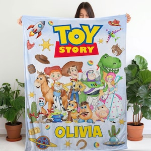 Custom Name Disney Toy Story Blanket, Personalized Toy Story Blanket, Woody Buzz Lightyear Jessie Blanket, Cartoon Toy Gift, Nursery Decor image 1