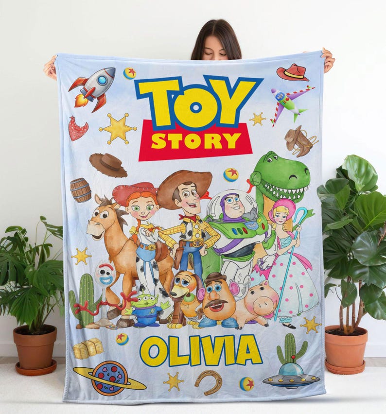Custom Name Disney Toy Story Blanket, Personalized Toy Story Blanket, Woody Buzz Lightyear Jessie Blanket, Cartoon Toy Gift, Nursery Decor image 1