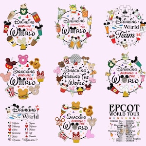 May include: A collection of colorful circular designs with the words "Drinking Around the World," "Snacking Around the World," and "EPCOT World Tour." Each design features Mickey Mouse ears, food, and drink illustrations, with a light pink background.