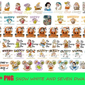 Puede incluir: Una colección de imágenes PNG con personajes de Blancanieves y los Siete Enanitos. Las imágenes incluyen enanitos individuales, Blancanieves y diseños temáticos, como calabazas de Halloween. El texto incluye nombres de personajes y "Blancanieves y los Siete Enanitos".