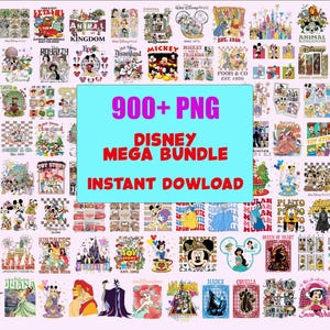May include: A collection of Disney-themed graphics and illustrations, including characters like Mickey Mouse, Winnie the Pooh, and various princesses. The image features the text "900+ PNG DISNEY MEGA BUNDLE INSTANT DOWNLOAD".
