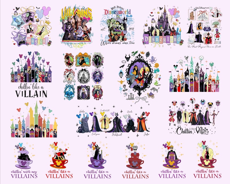 Pu&ograve; includere: Una collezione di grafiche colorate con i cattivi Disney. I disegni includono illustrazioni di castelli, ritratti di personaggi e testo come "Chillin' Like a Villain" e "Disneyworld 1971". Le immagini sono su uno sfondo rosa chiaro.