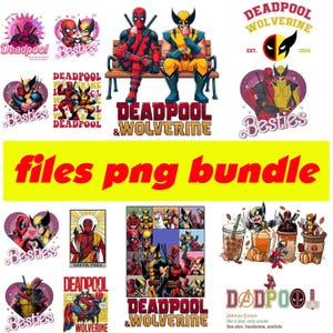 Puede incluir: Una colección de gráficos con temática de Deadpool y Wolverine. Las imágenes incluyen ilustraciones de los personajes, las palabras "Deadpool & Wolverine" y el texto "Besties". También está presente la frase "files png bundle".