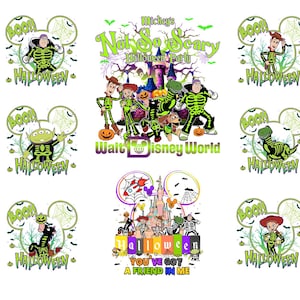 Puede incluir: Una colección de diseños temáticos de Halloween con personajes de Disney con disfraces de esqueleto. Cada diseño incluye la palabra "BOO!!" y "Halloween" en forma de cabeza de Mickey Mouse. Algunos diseños incluyen el texto "Mickey's Not So Scary Halloween Party" y "You've Got a Friend in Me".