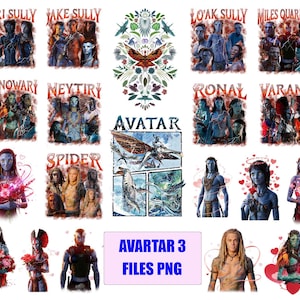 May include: A collection of Avatar-themed digital art featuring characters like Kiri Sully, Jake Sully, and Neytiri. The images showcase various scenes and character portraits from the movie, with the word "AVATAR" prominently displayed. The text "AVARTAR 3 FILES PNG" is also visible.
