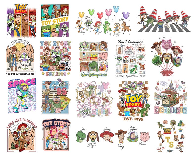 K&ouml;nnte beinhalten: Eine Sammlung farbenfroher Grafikdesigns mit Charakteren und Logos aus dem Animationsfilm "Toy Story". Die Designs zeigen Bilder von Woody, Buzz Lightyear, Jessie und anderen Charakteren mit Texten wie "Toy Story" und "You Got a Friend in Me."