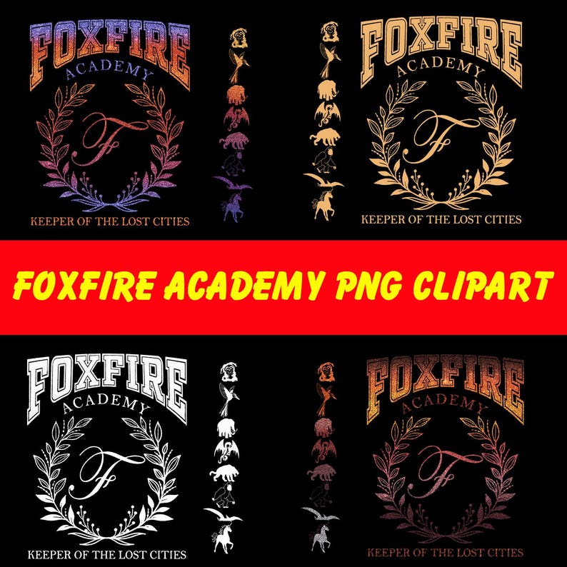 Puede incluir: Sobre un fondo negro, cuatro logotipos de Foxfire Academy muestran una "F" estilizada dentro de una corona. El texto "FOXFIRE ACADEMY PNG CLIPART" est&aacute; en un rect&aacute;ngulo rojo. Tambi&eacute;n hay siluetas de criaturas fant&aacute;sticas.