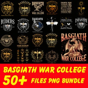Puede incluir: Una colección de diseños digitales con ilustraciones de dragones y elementos de texto. Los diseños incluyen escudos, dragones y texto como "Basgiath War College" y "Dragon Rider". La paleta de colores es principalmente dorada y negra, con algunos acentos blancos y azules.