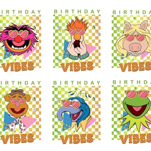 May include: Six colorful birthday cards featuring Muppet characters wearing heart-shaped sunglasses. Each card has the word "BIRTHDAY" at the top and "VIBES" at the bottom, set against a checkered and geometric background.
