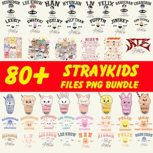 Peut inclure: Un ensemble d'art numérique avec des fichiers PNG sur le thème de Stray Kids. La conception comprend des illustrations de personnages, du texte et des graphiques. Le texte comprend les mots "80+ STRAYKIDS FILES PNG BUNDLE". La palette de couleurs est principalement blanche, noire et rouge.