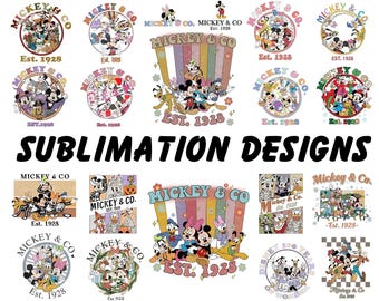 May include: A collection of colorful sublimation designs featuring Mickey Mouse and friends. The designs include various circular and rectangular compositions with the text "Mickey & Co. Est. 1928" and "Sublimation Designs."