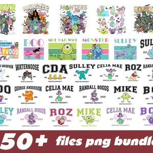 May include: A collection of PNG files featuring various designs from the animated film Monsters, Inc. The designs include characters like Sulley, Mike Wazowski, and Boo, along with text elements such as "Monsters University" and character names.