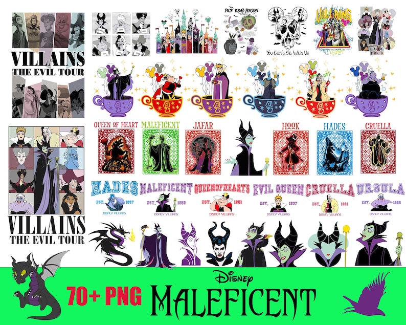 May include: A collection of Disney Villains-themed graphics. The image includes illustrations of characters like Maleficent, Cruella, and Jafar, along with text that reads "Villains The Evil Tour" and "70+ PNG Maleficent."