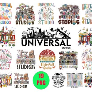 May include: A collection of 19 PNG images featuring various Universal Studios logos and designs. The images showcase different themes, including Jurassic Park, Halloween Horror Nights, and Disney Hollywood Studios.