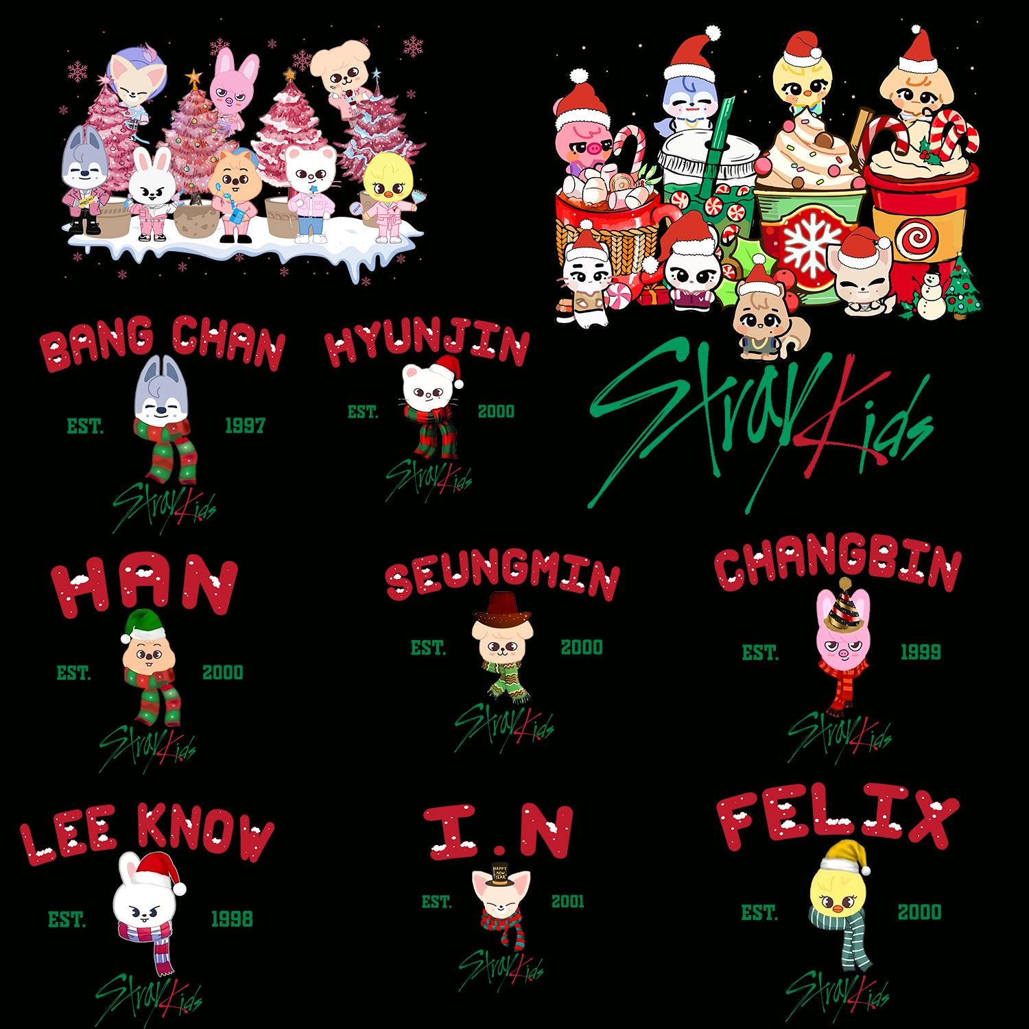 Stray Kids Christmas Png Bundle, Stray Kids Member Xmas Png, Cute