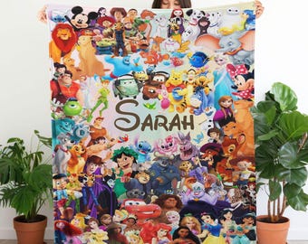 Personalized Disney Blanket, Custom Name Disney Character Blanket, Disney Blanket for Kid, Baby Shower Gift, Princess, Mouse And Friends