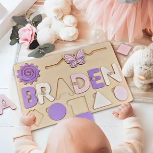 Baby Name Puzzle Wooden Busy Board for Girl Montessori toys Child Name Sign 1nd Birthday Gift Toddler Wooden Toys Baby Shower Gift