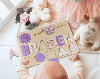Baby Name Puzzle Wooden Busy Board for Girl Montessori toys Child Name Sign 1nd Birthday Gift Toddler Wooden Toys Baby Shower Gift