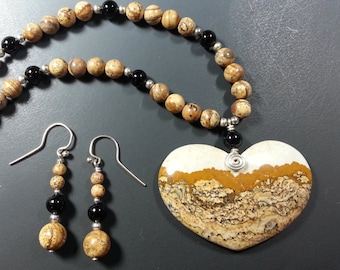 Stunning Picture Jasper Heart Necklace with Matching Earrings