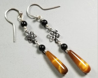 Lovely Tiger Eye and Sterling Silver Celtic Knot Earrings with Black Onyx