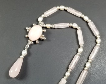 Pretty Rose Quartz and Sterling Silver Necklace with Pearls