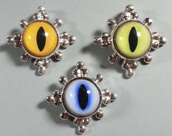 3 Colors...Sterling Silver Cat Eye Pendants (Glass Taxidermy Eyes)  in My "Snowflake" Style Settings