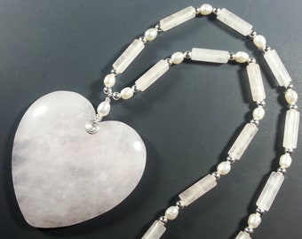 Lovely Rose Quartz Heart Necklace with Rose Quartz Beads and Pearls
