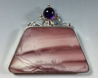 Exquisite Large Imperial Jasper Pendant  in Sterling Silver Setting with Amethyst