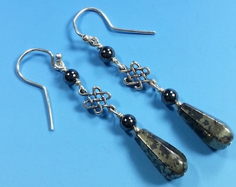 Beautiful Pyrite and Sterling Silver "Infinity Knot" Earrings with Hematite beads