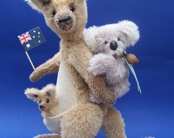 Teddy bear pattern Soft plush Australian Kangaroo, joey and koala trio. Matilda, Gum-nut and book mark Joey