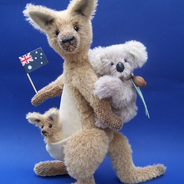 Teddy bear pattern Soft plush Australian Kangaroo, joey and koala trio. Matilda, Gum-nut and book mark Joey