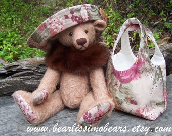 PDF Teddy bear pattern Auntie Rose, 14 inches fully jointed mohair bear with hat and handbag.