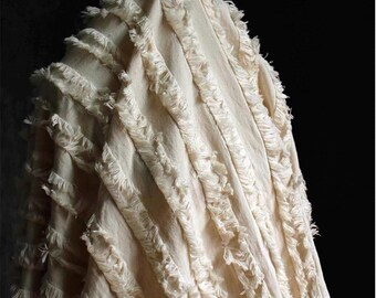 Tela jacquard 3D beige de algodón y lino de alta densidad con textura y flecos para ropa y bolsos / Tela de costura estilo boho por medio metro