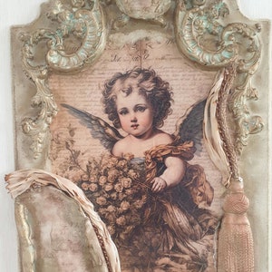 Decorative plate sign wood brocante shabby antique look nostalgia putto angel