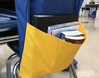 Chair Pocket, Seat Desk Pouch, One Size Fits All Chairs 16" Wide Or Smaller DENIM, UNIVERSAL Size Classroom Desk Organizer