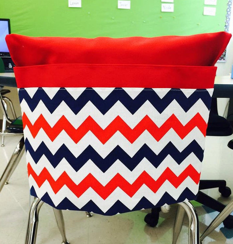 1 Large Red 2 Pocket Chair Pocket Seat Desk Sack Washable Colored Duck Cloth With Red White Blue Chevron Print Chair Pocket Factory