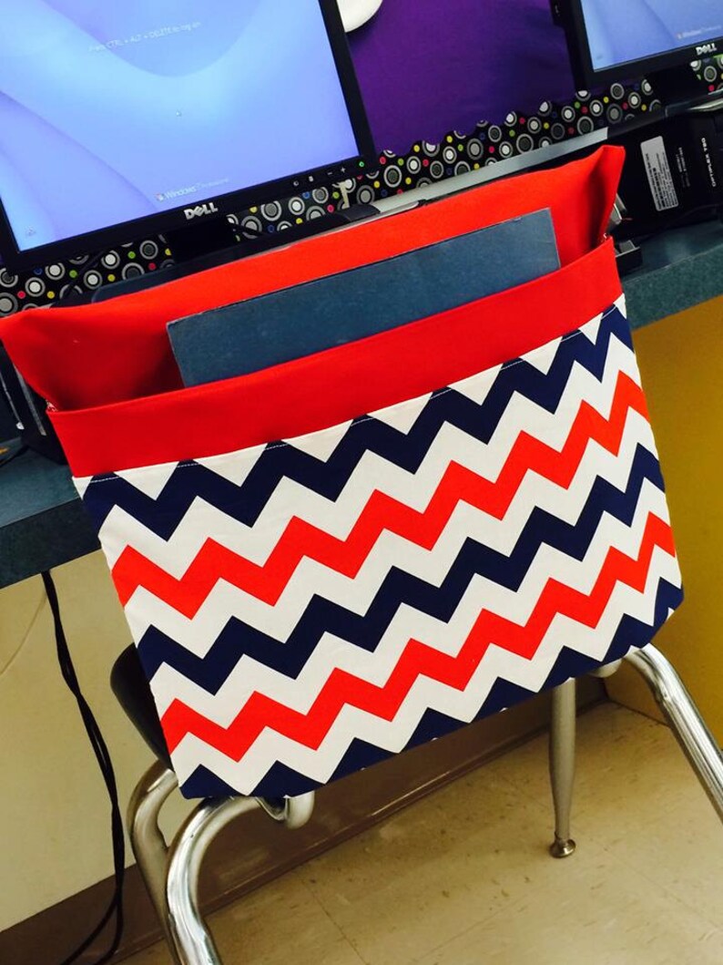 1 small red 2 pocket chair pocket seat desk sack washable colored duck  cloth with red white blue chevron print chair pocket factory