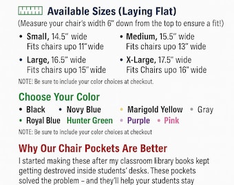 6 Classroom Chair Pockets, Seat Cover, Desk Organizer, Chair Bag, Durable Washable Duck Cloth Choose the COLOR and SIZE Chair Pocket Factory