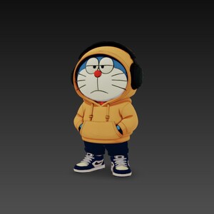 May include: A figurine of the cartoon character Doraemon wearing a yellow hoodie and headphones. Doraemon is wearing blue jeans and sneakers. The figure has a blue face, a red nose, and a white mouth.