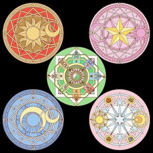 May include: Five colorful, circular designs with intricate patterns and symbols. The designs feature celestial elements like the sun, moon, and stars, along with geometric shapes and text. The color palette includes red, pink, blue, green, and yellow.