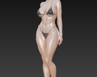 Peut inclure: Une figurine imprimée en 3D d'une femme portant un bikini à motifs noirs et blancs, des talons hauts noirs et une perruque courte blanche. La figurine a un bandeau noir et est posée sur un fond gris foncé. Produit de XRYU 3DPRINTS.